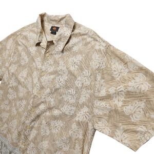 Route 66 Mens XL Tan Tropical Leaf Button Up Shirt Cotton Aloha